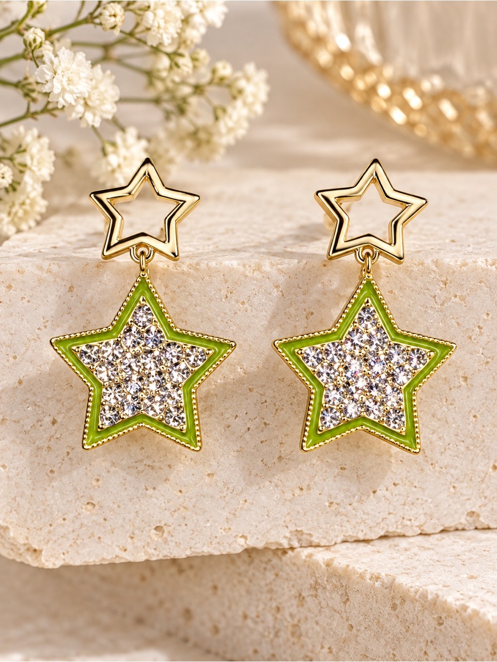 Gold Tone Crystal Star Drop Statement Earrings | Lime Green Enamel | Celestial